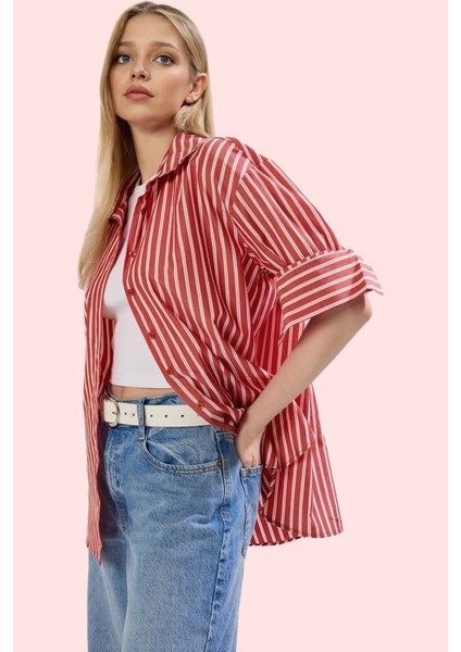 Kadın Çizgili Oversize Gömlek Basic Siluet Uzun Kollu Günlük Kombinler Yaz Aylarının Vazgeçilmezi