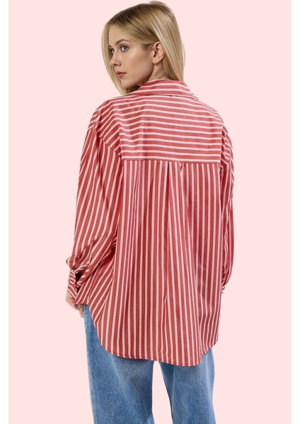 Kadın Çizgili Oversize Gömlek Basic Siluet Uzun Kollu Günlük Kombinler Yaz Aylarının Vazgeçilmezi modelleri