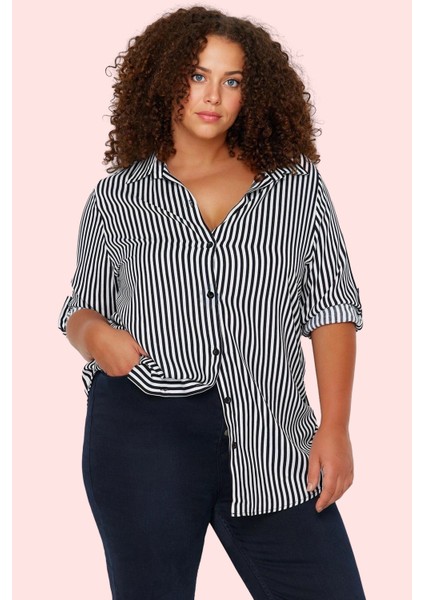 Kadın Oversize Çizgili Gömlek Uzun Kollu Dokuma Kumaş Günlük Kullanım Yaz Aylarının Vazgeçilmezi