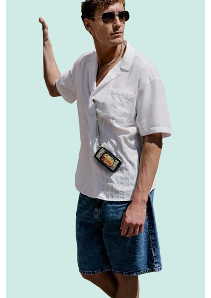 Erkek Oversize Apaş Yaka Brode Gömlek Geometrik Desen Yazlık Günlük Kullanım Modern Tasarım