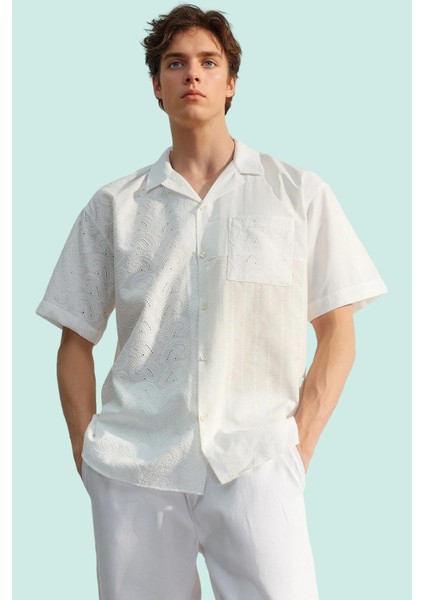 Erkek Oversize Apaş Yaka Brode Gömlek Geometrik Desen Yazlık Günlük Kullanım Modern Tasarım modelleri