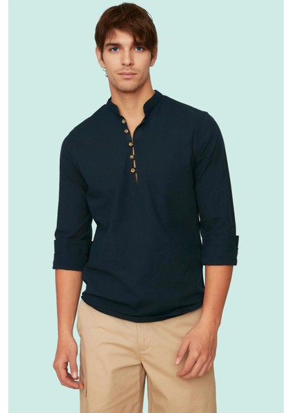 Erkek Slim Fit Hakim Yaka Pamuklu Keten Görünümlü Gömlek Günlük Kullanım Dayanıklı Malzeme