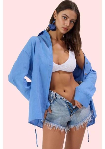 Kadın Uzun Kollu Keten Gömlek Flam Dokuma Plaj Gömleği Yazlık Günlük Kullanım Modern Tasarım