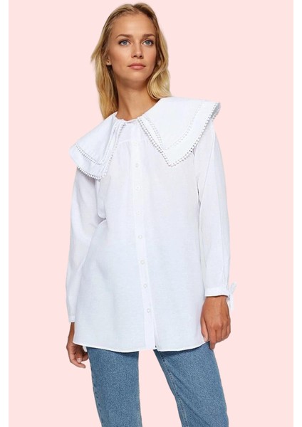 Kadın Uzun Kollu Poplin Gömlek Büyük Yaka Desensiz Günlük Şıklık Yaz Aylarının Vazgeçilmezi