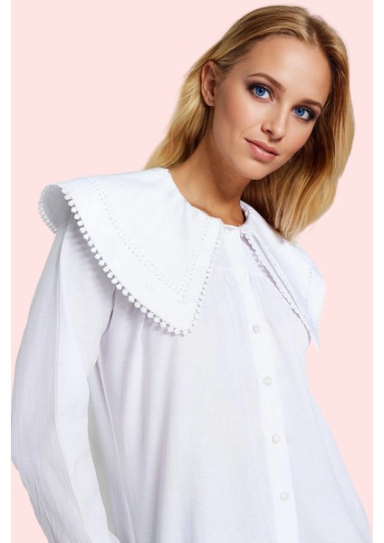 Kadın Uzun Kollu Poplin Gömlek Büyük Yaka Desensiz Günlük Şıklık Yaz Aylarının Vazgeçilmezi fiyatları