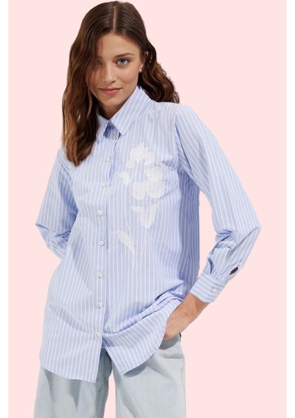 Kadın Çizgili Dokuma Gömlek Işleme Detaylı Regular Kalıp Pamuklu Günlük Kullanım Hafta Sonu