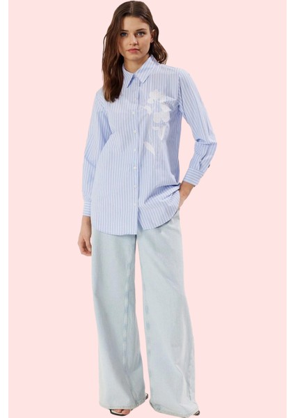 Kadın Çizgili Dokuma Gömlek Işleme Detaylı Regular Kalıp Pamuklu Günlük Kullanım Hafta Sonu fiyatları