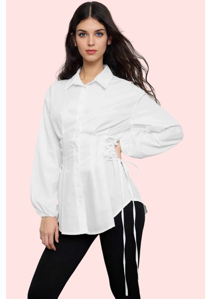 Kadın Uzun Kollu Gömlek Yaka Dokuma Basic Kalıp Terrycotton Kumaş Günlük Kullanım Hafta Sonu