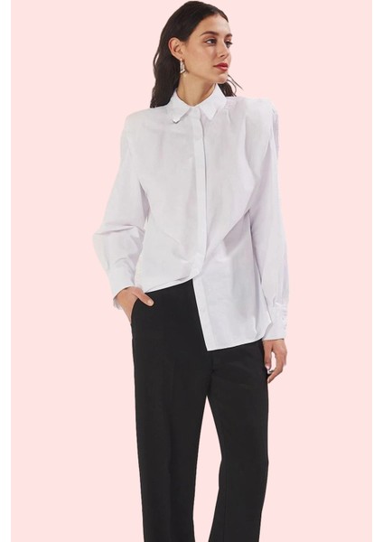 Kadın Terrycotton Dokuma Gömlek Inci Detaylı Relaxed Kalıp Günlük Kullanım Kaliteli Malzeme