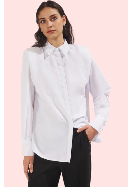 Kadın Terrycotton Dokuma Gömlek Inci Detaylı Relaxed Kalıp Günlük Kullanım Kaliteli Malzeme fiyatları