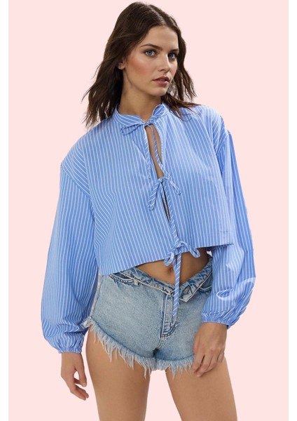 Kadın Çizgili Dokuma Crop Gömlek Bağcıklı Detaylı Yazlık Plaj Günlük Kullanım Modern Tasarım