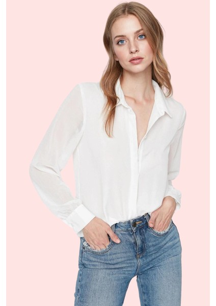 Kadın Regular Kalıp Uzun Kollu Gömlek Yaka Dokuma Günlük Kullanım Yaz Aylarının Vazgeçilmezi