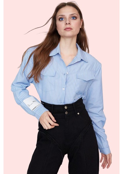 Kadın Çizgili Gömlek Yaka Cep Detaylı Pamuklu Günlük Kombinler Için Yaz Aylarının Vazgeçilmezi