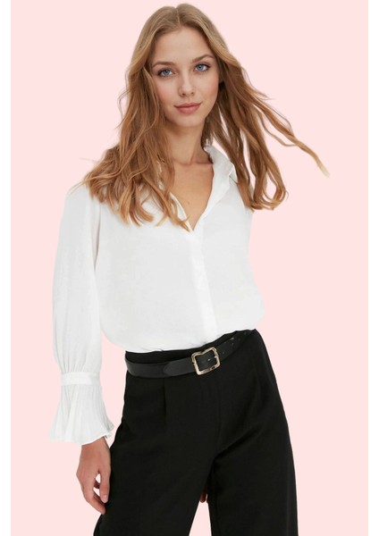 Kadın Ispanyol Kol Gömlek Düz Desen Regular Kalıp Queen Crep Dokuma Iş ve Günlük Hafta Sonu