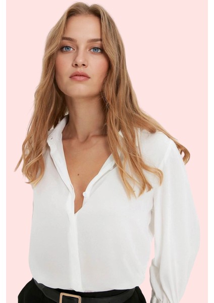 Kadın Ispanyol Kol Gömlek Düz Desen Regular Kalıp Queen Crep Dokuma Iş ve Günlük Hafta Sonu fiyatları