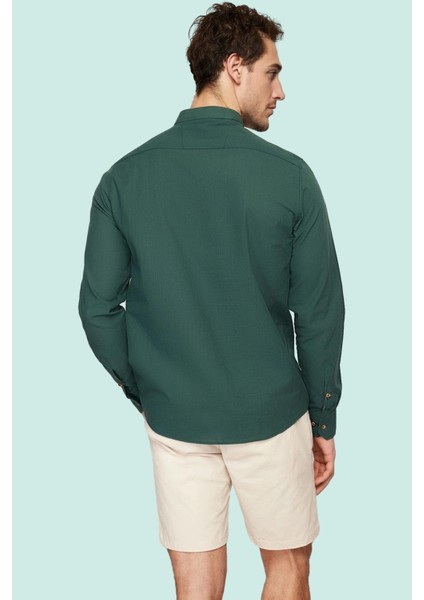 Erkek Slim Fit Hakim Yaka Pamuklu Keten Görünümlü Gömlek Günlük Kullanım Dayanıklı Malzeme