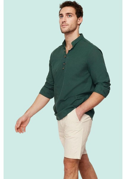 Erkek Slim Fit Hakim Yaka Pamuklu Keten Görünümlü Gömlek Günlük Kullanım Dayanıklı Malzeme modelleri