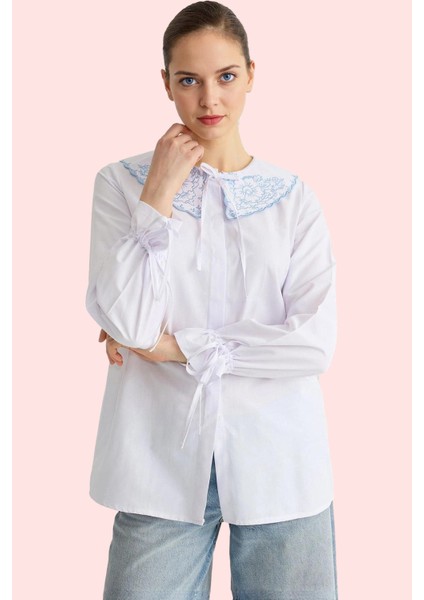 Kadın Bebe Yaka Işleme Detaylı Dokuma Gömlek Rahat Günlük Kullanım Yaz Aylarının Vazgeçilmezi