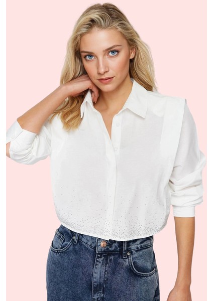 Kadın Crop Gömlek Yaka Düz Desenli Dokuma Terrycotton Kumaş Günlük Kullanım Modern Tasarım