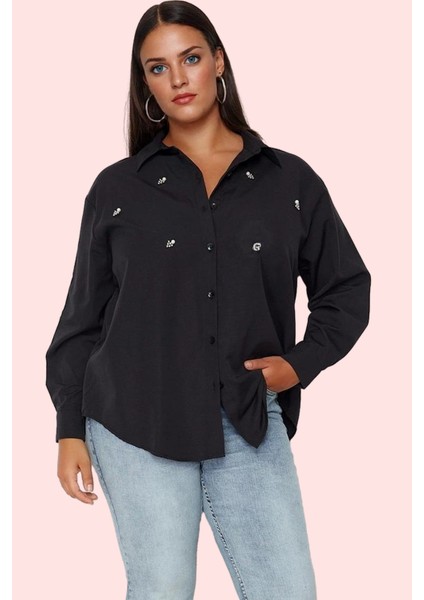 Kadın Büyük Beden Taş Işlemeli Poplin Gömlek Günlük Şıklık Hafta Sonu Yaz Aylarının Vazgeçilmezi