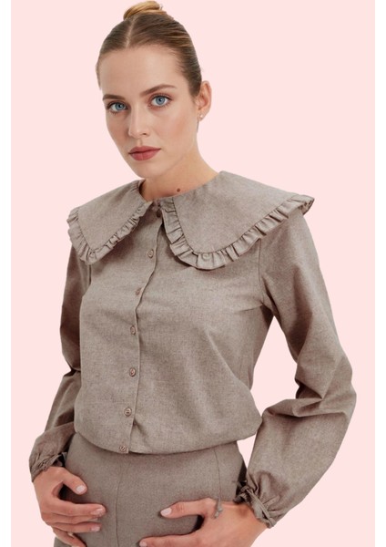 Kadın Büyük Yaka Detaylı Dokuma Gömlek Fırfırlı Uzun Kol Günlük Yaz Aylarının Vazgeçilmezi