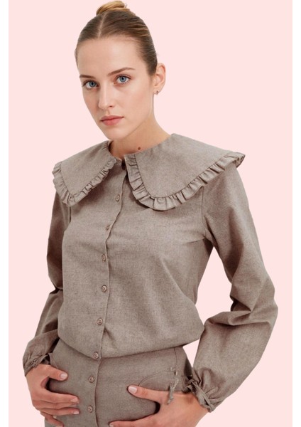 Kadın Büyük Yaka Detaylı Dokuma Gömlek Fırfırlı Uzun Kol Günlük Yaz Aylarının Vazgeçilmezi fiyatları