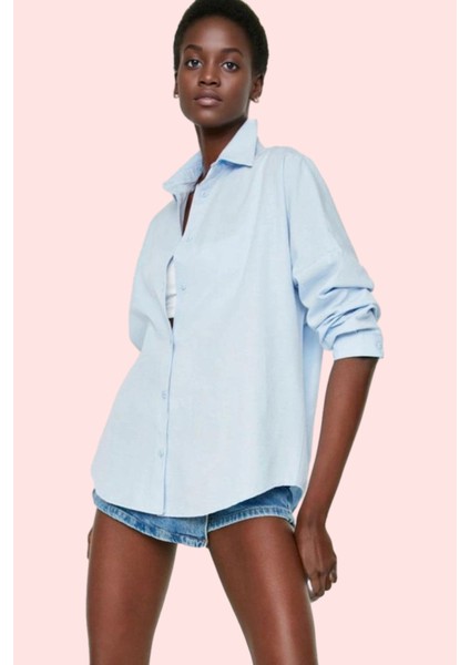 Kadın Oversize Pamuklu Dokuma Gömlek Basic Kalıp Günlük Kullanım Için Yaz Aylarının Vazgeçilmezi