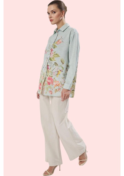 Kadın Çiçekli Desenli Oversize Keten Görünümlü Gömlek Polyester Günlük Kullanım Hafta Sonu
