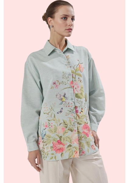 Kadın Çiçekli Desenli Oversize Keten Görünümlü Gömlek Polyester Günlük Kullanım Hafta Sonu fiyatları