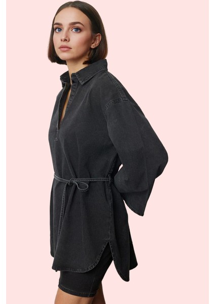 Kadın Oversize Denim Gömlek Ispanyol Kol Regular Kalıp Pamuklu Günlük Stil Kaliteli Malzeme