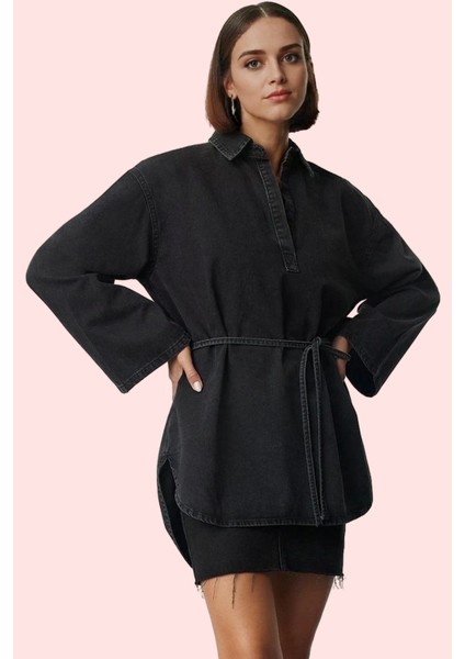 Kadın Oversize Denim Gömlek Ispanyol Kol Regular Kalıp Pamuklu Günlük Stil Kaliteli Malzeme fiyatları