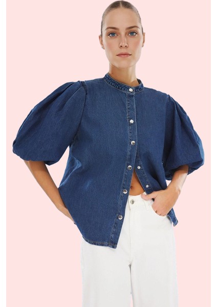Kadın Denim Gömlek Balon Kol Volanlı Hakim Yaka Pamuklu Günlük Tarz Yaz Aylarının Vazgeçilmezi