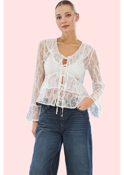 Kadın Dantel Bluz V Yaka Uzun Kollu Regular Kalıp Günlük Şıklık Yaz Aylarının Vazgeçilmezi fiyatları