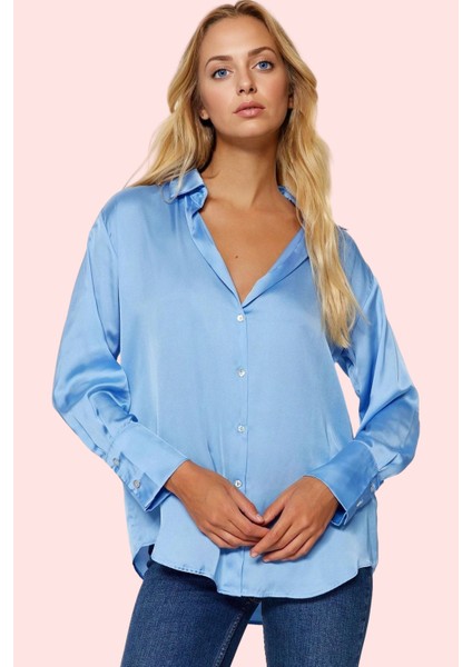 Kadın Oversize Saten Gömlek Düz Desen Günlük ve Şık Kombinler Hafta Sonu Dayanıklı Malzeme