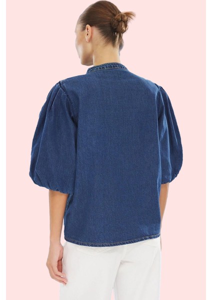 Kadın Denim Gömlek Balon Kol Volanlı Hakim Yaka Pamuklu Günlük Tarz Yaz Aylarının Vazgeçilmezi fiyatları