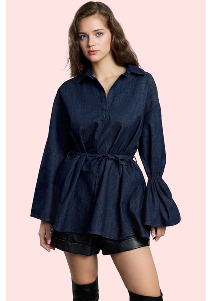 Kadın Oversize Denim Gömlek Ispanyol Kol Regular Kalıp Pamuklu Günlük Stil Kaliteli Malzeme