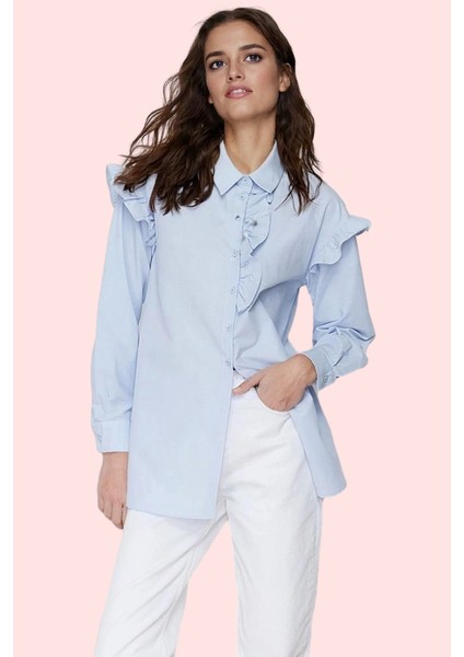 Kadın Omuzlarda Incili Relaxed Fit Uzun Kollu Poplin Gömlek Günlük Kullanım Modern Tasarım