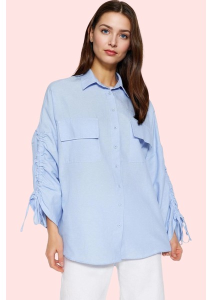 Kadın Büzgülü Detaylı Dokuma Pamuklu Gömlek Rahat Kalıp Günlük Kullanım Yaz Aylarının Vazgeçilmezi