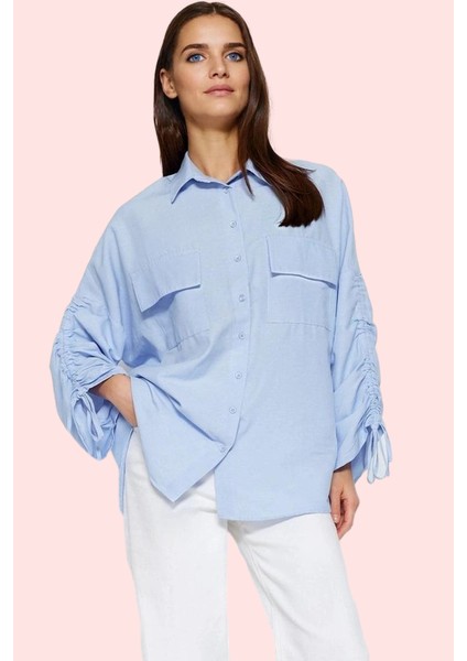 Kadın Büzgülü Detaylı Dokuma Pamuklu Gömlek Rahat Kalıp Günlük Kullanım Yaz Aylarının Vazgeçilmezi fiyatları