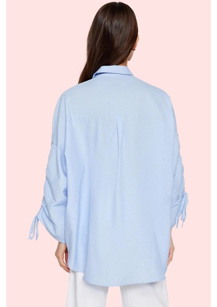 Kadın Büzgülü Detaylı Dokuma Pamuklu Gömlek Rahat Kalıp Günlük Kullanım Yaz Aylarının Vazgeçilmezi modelleri