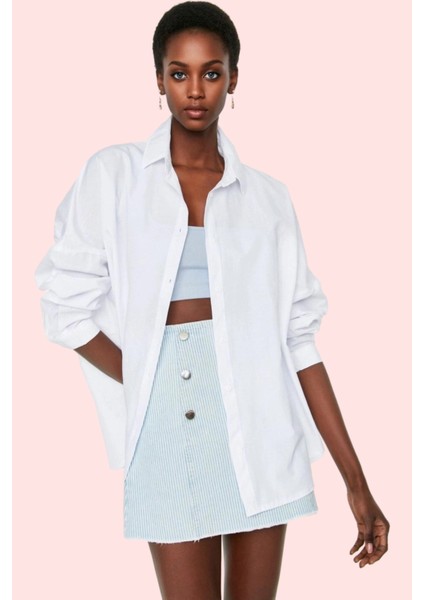 Kadın Oversize Pamuklu Dokuma Gömlek Basic Kalıp Günlük Kullanım Için Yaz Aylarının Vazgeçilmezi