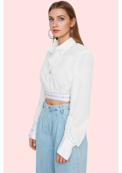 Kadın Crop Gömlek Basic Siluet Poplin Dokuma Düz Desenli Günlük Kullanım Dayanıklı Malzeme fiyatları