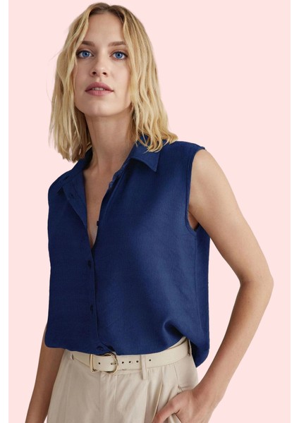 Kadın Keten Görünümlü Kolsuz Gömlek Düz Desen Regular Kalıp Yaz Aylarının Vazgeçilmezi Hafta Sonu