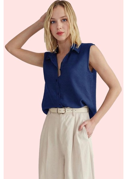 Kadın Keten Görünümlü Kolsuz Gömlek Düz Desen Regular Kalıp Yaz Aylarının Vazgeçilmezi Hafta Sonu fiyatları