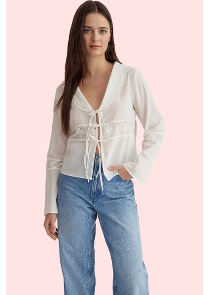 Kadın Brode Dokuma Gömlek Bebe Yaka Truvakar Kol Pamuklu Günlük Kullanım Dayanıklı Malzeme