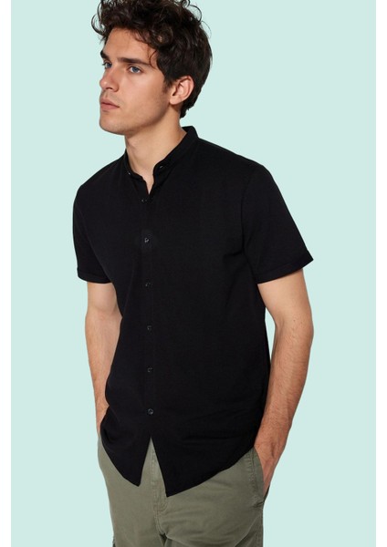 Erkek Kısa Kollu Slim Fit Hakim Yaka Örme Gömlek Pamuklu Günlük Kullanım Dayanıklı Malzeme