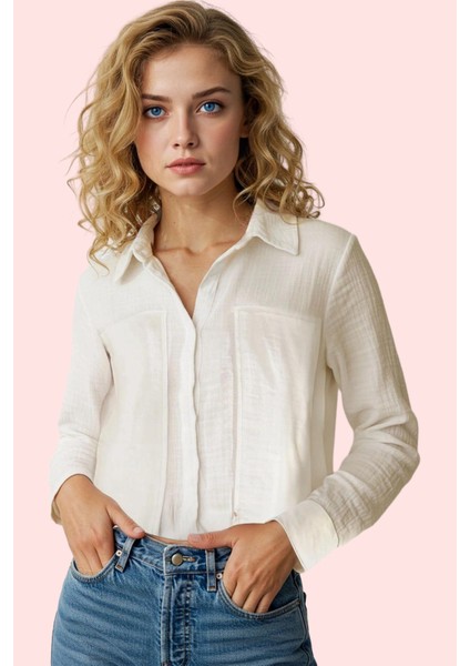 Kadın Crop Gömlek Pamuk Müslin Kumaş Günlük Kullanım Için Hafta Sonu Yaz Aylarının Vazgeçilmezi