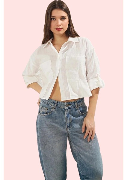 Kadın Crop Gömlek Pamuk Müslin Kumaş Günlük Kullanım Için Hafta Sonu Yaz Aylarının Vazgeçilmezi modelleri