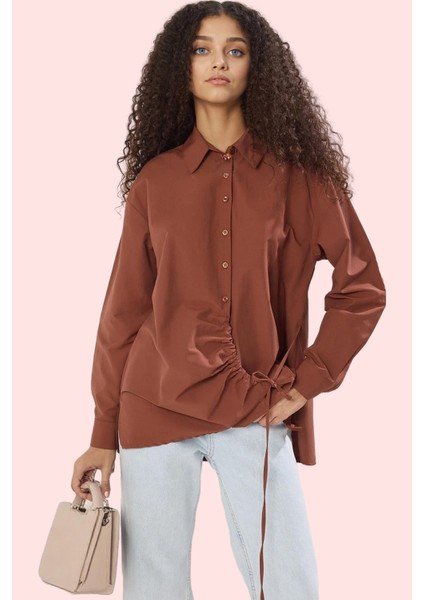 Kadın Terrycotton Dokuma Gömlek Büzgü Detaylı Uzun Kollu Günlük Yaz Aylarının Vazgeçilmezi