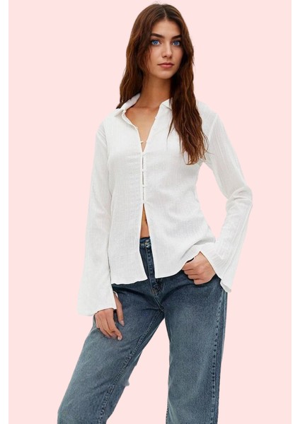 Kadın Dokulu Fitted Gömlek Crinkle Dokuma Günlük Kullanım Hafta Sonu Yaz Aylarının Vazgeçilmezi fiyatları